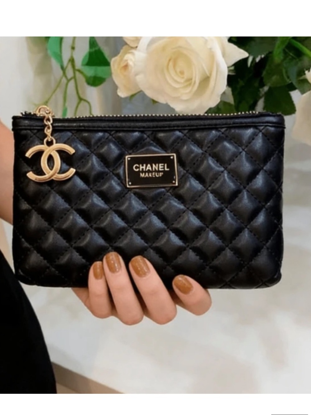 CHANEL Beauty Makeup Black Quilted Cosmetic Zip Pouch with Gold CC Charm NIB